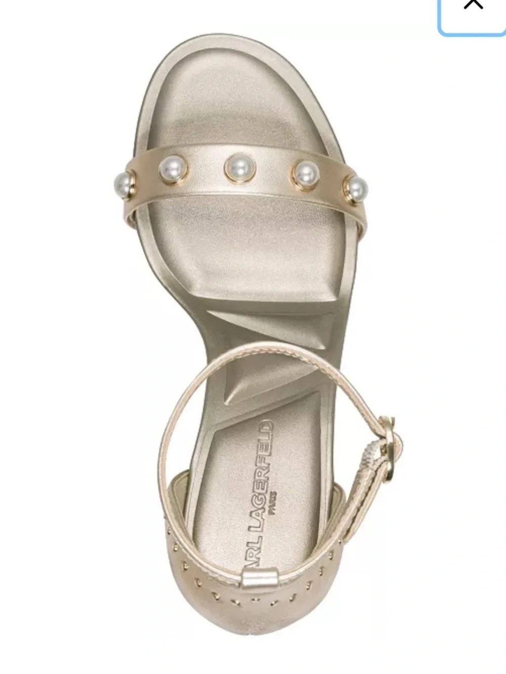 Karl Langerfeld Kenz Pearl Studded Ankle Strap Sandals in Gold Size 8.5 NEW